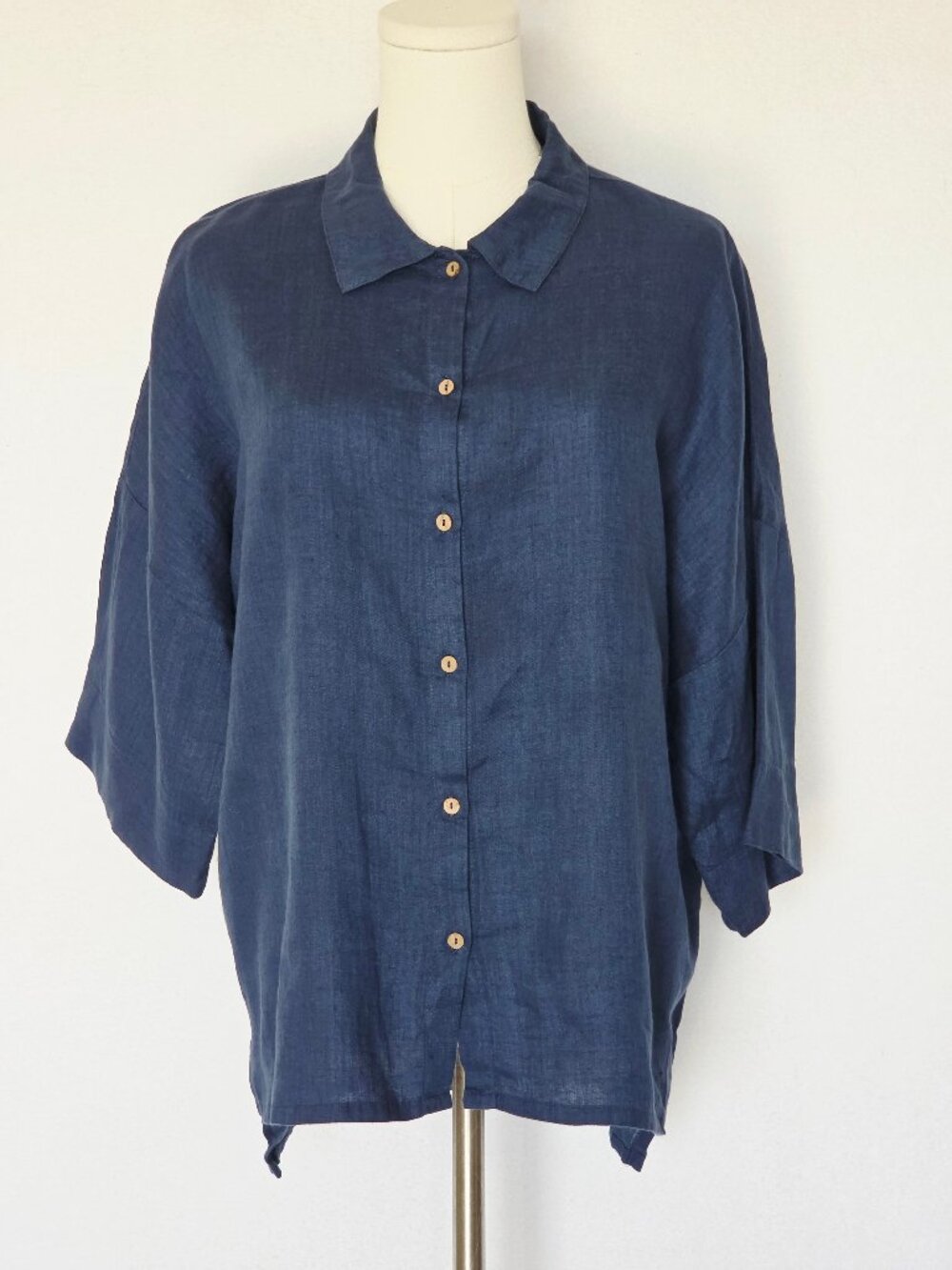 Magic Linen Lagenlook 100% Linen Relaxed Shirt Button-Up 3/4 Sleeve Blue